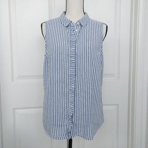Chambray Stripe Seersucker Sleeveless Ruffle Button Down Shirt